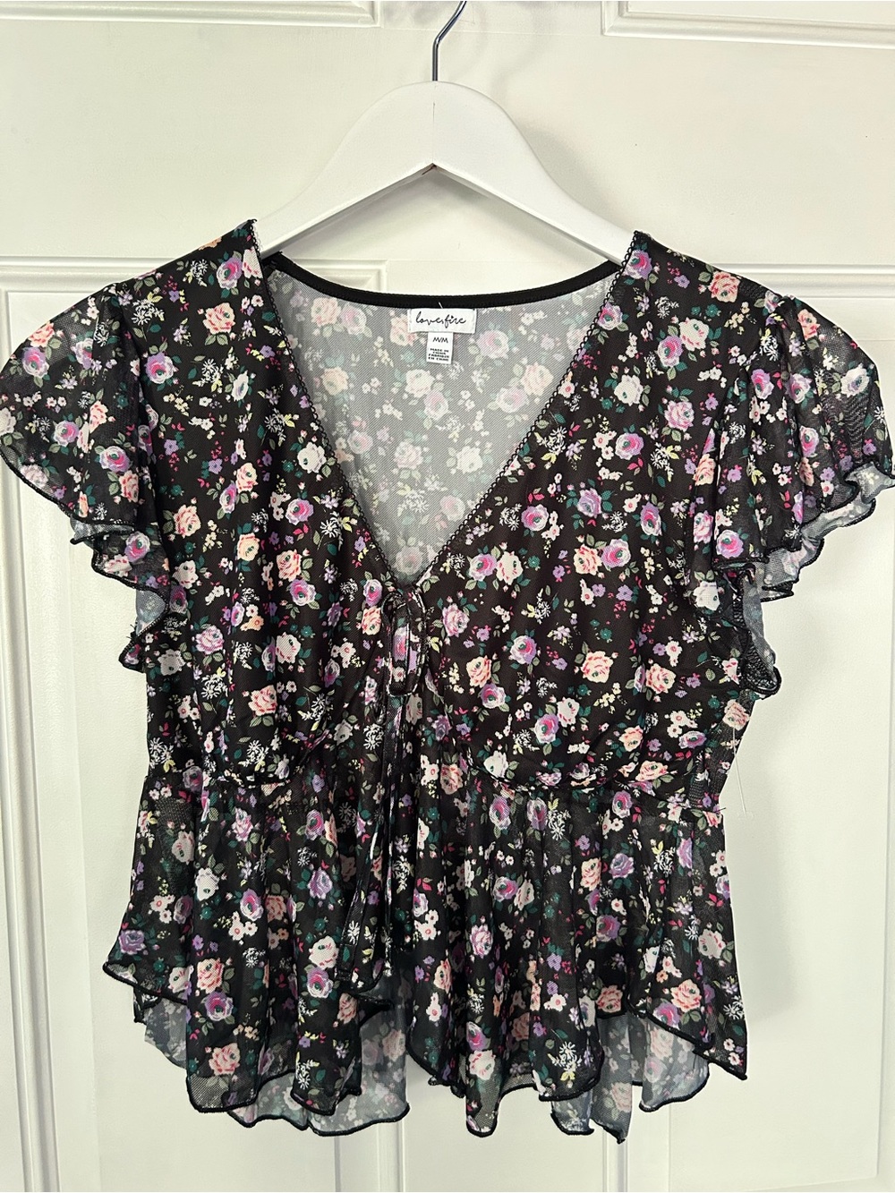 love, Fire Black Floral Ruffle Tie-Front Blouse with Pink and Purple Flowers
